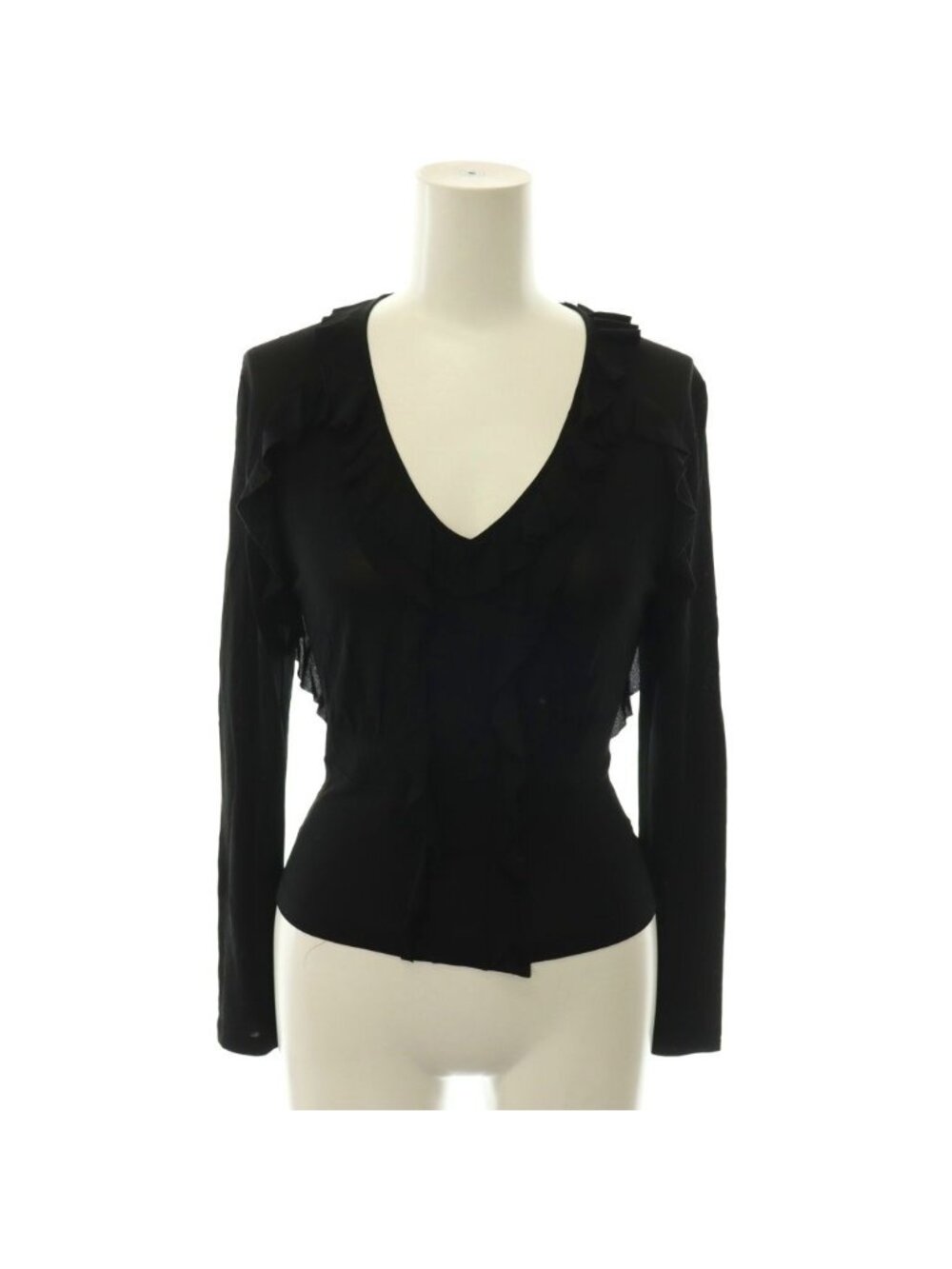 Saint Laurent Rive Gauche Top Long Sleeve V-neck Ruffle Stretch Black